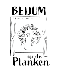 Logo van Beijum op de Planken!, een pentekening van een bloemkool met vele gezichten op een podium met de tekst: Beijum op de Planken!